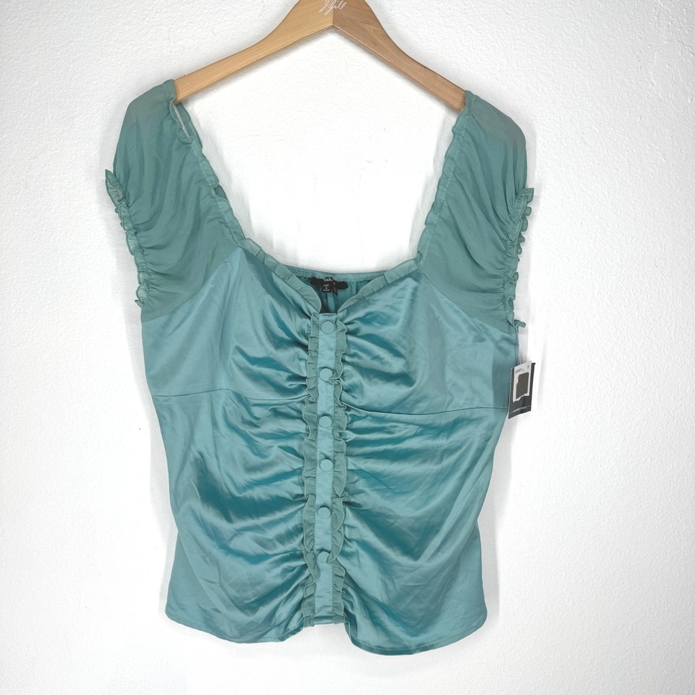 Michelle Satin Sheer Chiffon Ruched Babydoll Top Large NEW Green Fairy Regency